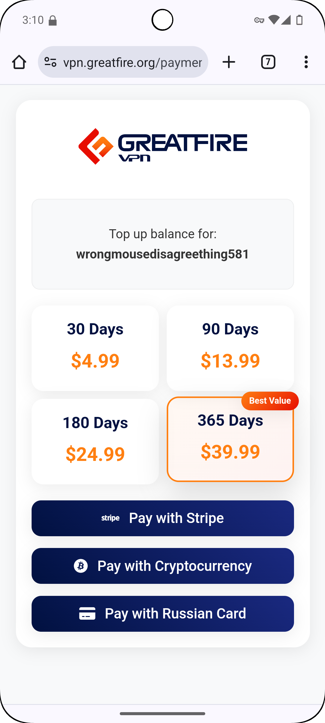 GreatFireVPN Payment